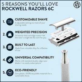 ROCKWELL RAZORS 6C White Chrome Safety Razor With 6 Adjustable Shave Settings and 5 Fully Recyclable Razor Blades Reusable Safety Razors for Men and Women