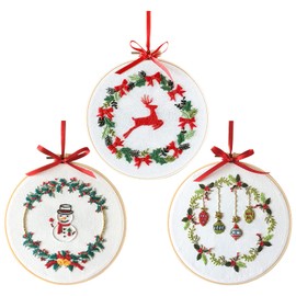 3 Sets Embroidery Starter Kit with Christmas Pattern, Christmas Full Assortment of Embroidery Starter Kit, Cross Stitch Kit for Beginners, Full Range of Embossed Embroidery Kits with 3 Embroidery