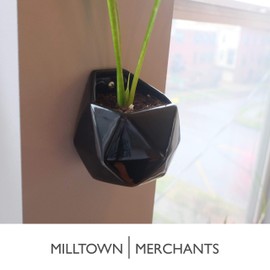 Milltown Merchants Succulent Wall Planters - Wall Vases - Black Ceramic Wall Mounted Planters - Succulent Plant Pots - Hanging Vases for Living Wall (2 Pack/Geometric/Black)