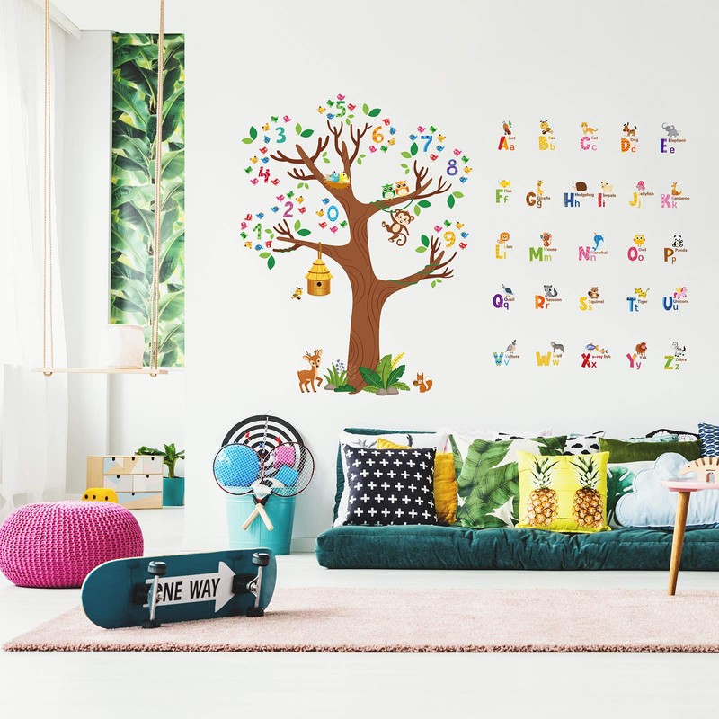 Zonon 3 Sheets Animal Alphabet and Numbers Tree Wall Decals