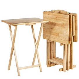 HoKiBEST Folding Table Classic TV Dinner Folding Trays, Snack Table with Storage Rack, Set of 4 - Natural