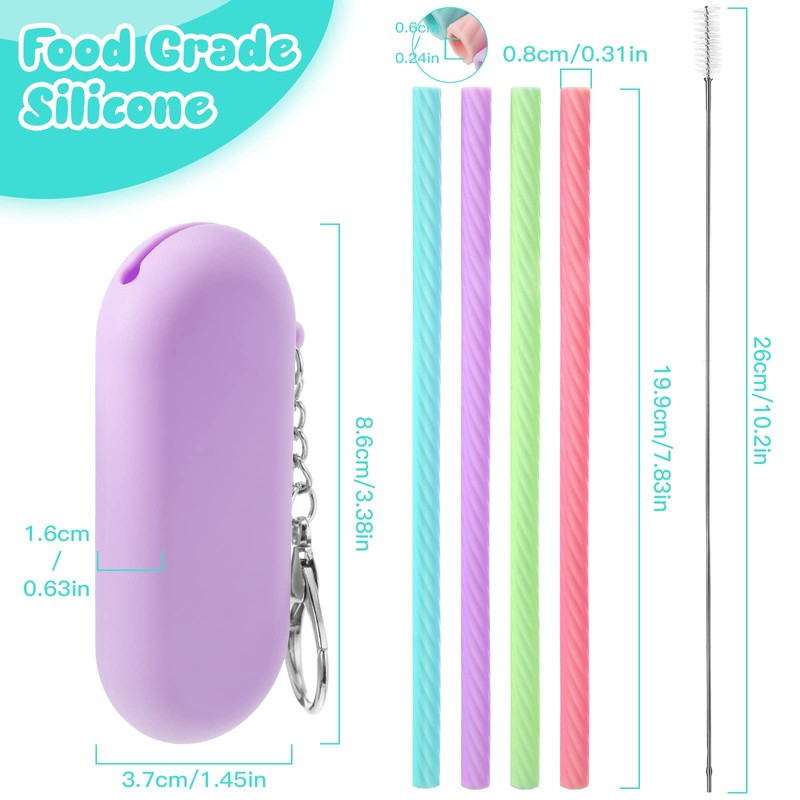 4 Set Silicone Straws with Case Reusable Straws Silicone Foldable
