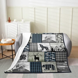 Feelyou Wildlife Flannel Fleece Blanket Set Rustic Western Cabin Bear Deer Plush Throw Blanket, for Sofa Couch Blue Grey Buffalo Check Bedding All Season,Bed Blanket Set Room Decor Throw 50"x60"