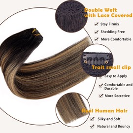 Munx 22inch Omber Hair Extensions Clip in Human Hair Black with Blonde Balayage Lace Weft Hair Extensions Human Hair for White Women 4pcs 100g Soft Sillky Straight Omber Highlight Extensions