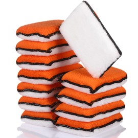 Mudder 12 Pcs Car Interior Scrubbing Sponge 5'' x 3'' Fiber Car Wax Applicator pad Household Cleaning Sponges for Leather Car Seat Couch Cleaning (Orange White)