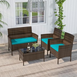RELAX4LIFE 4-Piece Patio Furniture Set - Rattan Outdoor Conversation Bistro Set w/Cushions, Glass Coffee Table, Wicker Chairs & Loveseat for Garden Backyard Porch, Balcony Furniture Set (1, Turquoise)