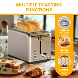 Simple Deluxe 2-Slice Toaster, Stainless Steel Toaster, 6 Browning Setting and 3 Function, Extra Wide Slot & Removable Crumb Tray, for Bread & Waffle, Silver