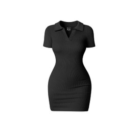 OQQ Women's Mini Dresses Sexy Ribbed Short Sleeve Tummy Control Bodycon Mini Dress Black