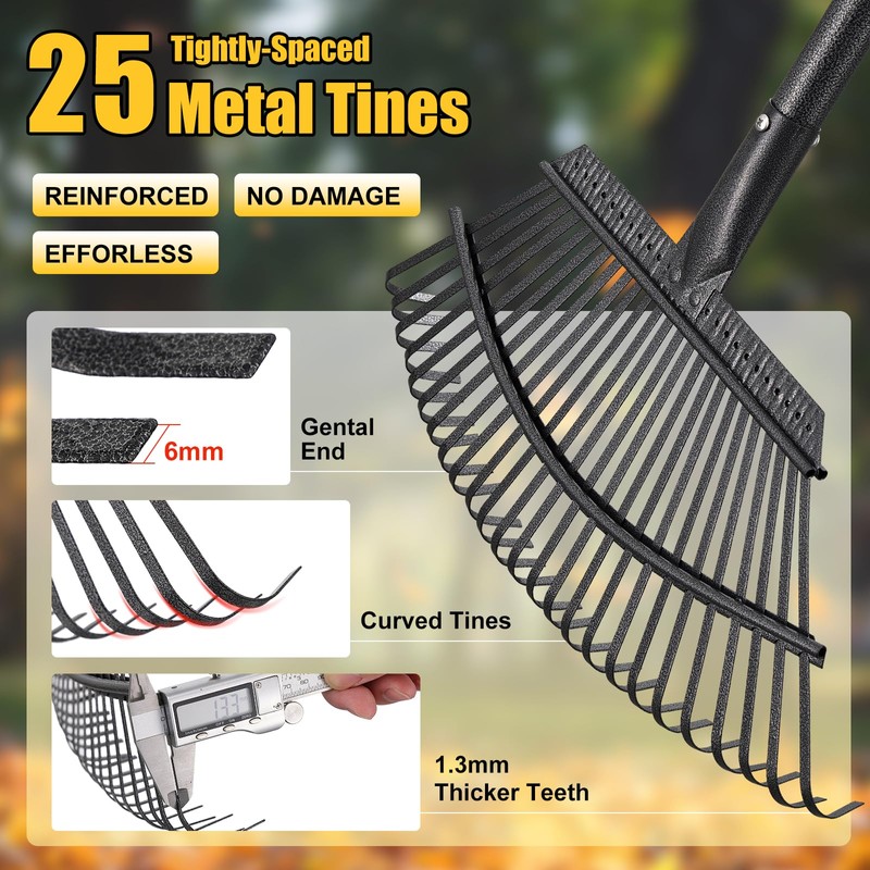Rake for Leaves: Heavy Duty Metal Leaf Rake with 25