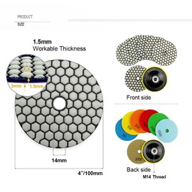 SHDIATOOL Dry Diamond Polishing Pads 7PCS Set Mixed Grits and a M14 Plastic Pad Attachment for Granite Marble Stone Ceramic Dia 4 Inch 100mm