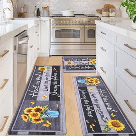 Likiyol Kitchen Mats for Floor Sunflower Kitchen Rugs Anti Fatigue Farmhouse Floral Non Slip Kitchen Rugs and Mats Washable Kitchen Floor Mat for Sink,Home, 18" x 30" + 18" x 48" + 18" x 60", Black