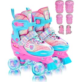Sportneer Kids Roller Skates, 4 Adjustable Light up Roller Skates for Girls Boys Kids Toddlers Beginners, Kids Skates with Protective Gear Set Gift for Indoor & Outdoor Use