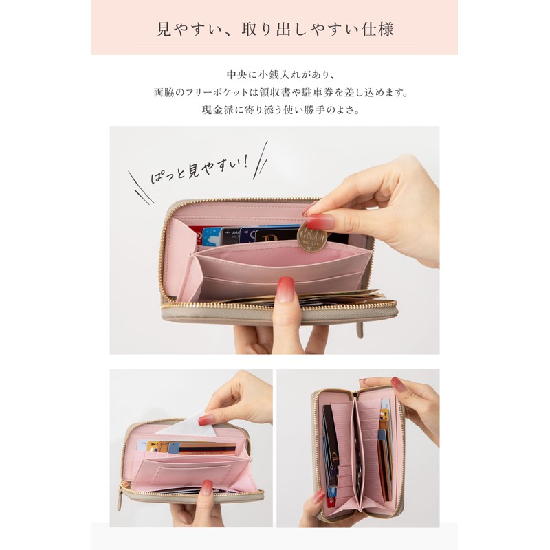 Grav Compact Long Wallet, Genuine Leather Grain (Greige x Pink),