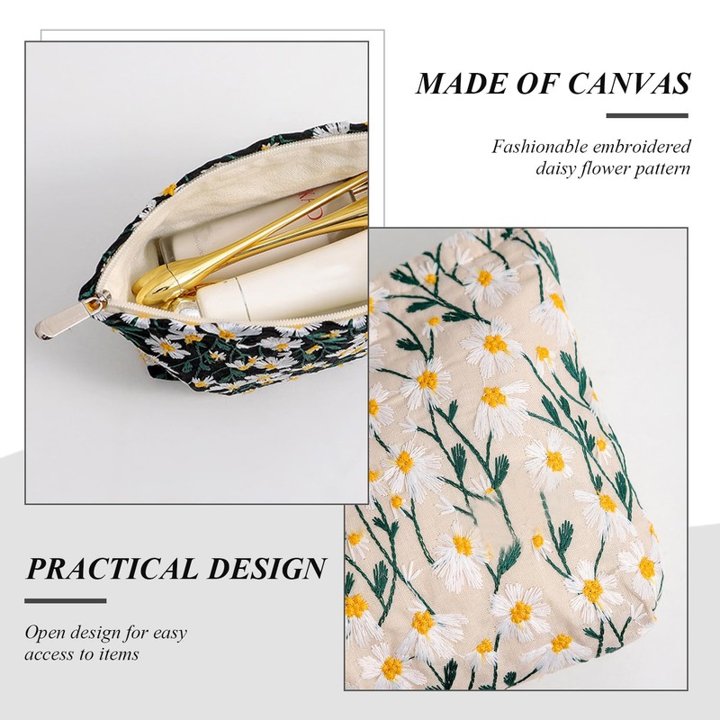 2 Gänseblümchen -Make -Up -Taschen, Bestickte Kosmetaschen, Süße Und Einfache