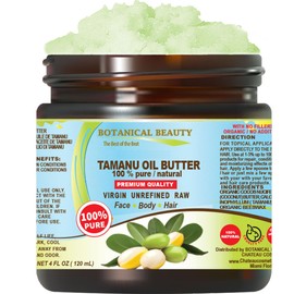 Botanical Beauty TAMANU OIL BUTTER RAW 100% Pure Natural VIRGIN UNREFINED Cold-Pressed Carrier for Face, Skin, Body, Hair, Lip, Nails. Rich in Vitamin E (4 Fl Oz)