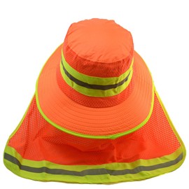 Glory Max High Visibility Reflective Work Safety Bucket Hat Cap Mesh Neck Flap, Full Brim Orange 2pcs, One Size