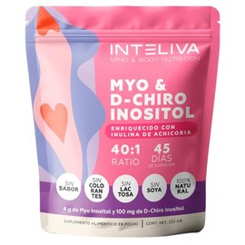 Inteliva Myo y D-Chiro Inositol en Polvo con Inulina de Achicoria, Ratio 40:1, 45 Porciones, 4g Myo Inositol y 200mg D-Chiro Inositol por Porción, Sin