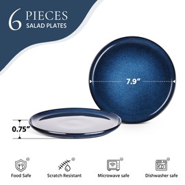 E-far 7.9” Ceramic Salad Plates Set of 6, Reactive Glaze Stoneware Dishes, Round Dessert Plate for Home Kitchen Restaurant, Microwave & Dishwasher Safe – Deep Sea Blue