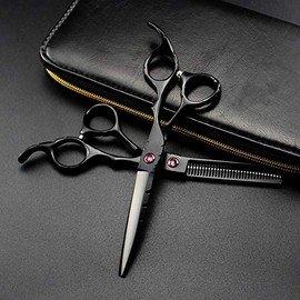 Hair Cutting Scissors, 5.5/6 Inch Professional Japan 440c Red Gem Black Hair Scissors Haircut Scissor Thinning Barber Cutting Shears Hairdresser Scissors Set(Color:6 Inch Set)