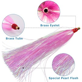 Bucktail Teasers Saltwater Mylar Fishing Skirts Flash Fishing Teaser Tail Flounder Rigs for Saltwater Plugs Fishing Lures (Pink,6pcs)