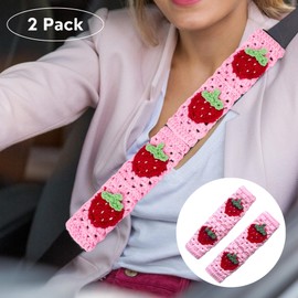 HZYZW Universal Automotive Seat Belt Cover Pad, Cute Strawberry Car Accessories for Women, Shoulder Pads Cushions, Granny Square Yarn Crochet Accessories 2 PCS (Pink-red Strawberry)