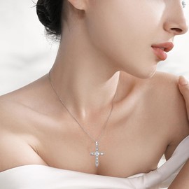 EErMamo 925 Sterling Silver Cross Necklace for Women | Cubic Zirconia Cross Pendant Necklace Dainty Cross Necklace Cross Chain Cross Jewelry Gifts, Medium, Sterling Silver, Cubic Zirconia