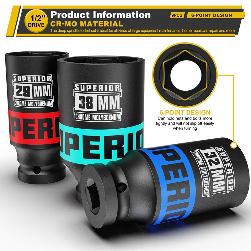 Aiourx 9 Piece 1/2" Drive Deep Axle Nut Impact Socket