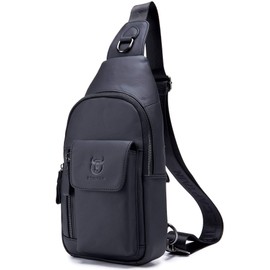 BULLCAPTAIN Mens Leather Crossbody Bag Shoulder Sling Bag Casual Daypacks Chest Bags for Travel Hiking Backpacks (Black)