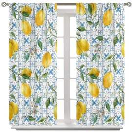 Yoakiet - Cortinas opacas de azulejo azul y limón, pintadas a mano, acuarela, clásico, rústico, estilo rústico, limón, fruta, hojas verdes, impresión, bolsillo para barra, cortinas de tratamiento de