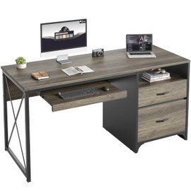 Bestier Office Desk with Drawers, 55 inch Industrial Computer Desk with Storage, Wood Teacher Desk with Keyboard Tray & File Drawer for Home Office, Dark Gray Oak