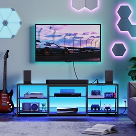 HOOBRO LED TV Stand for 75 Inch TVs with Charging Station, Gaming Entertainment Center with 3-Tier Open Storage, Long 63” Media TV Console Table, TV Stand for Living Room, Bedroom, Black BB21UDDS01