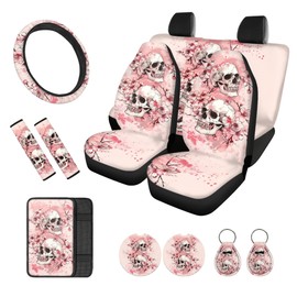 STUOARTE Skull Cherry Blossom Printed Car Seat Cover Full Set, 12 Pieces, Includes Front Rear Seat Cover Steering Wheel Cover Car Armrest Pad Covers Seat Belt Pads Lipstick Holder Keychain