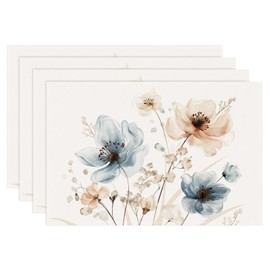 Bonhause Wild Ink Painting Flowers Placemats, Set of 4, Spring Blue Brown Floral Placemats, Washable Place Mats for Kitchen, Table Decoration, Indoor, Holiday, Party Decor, 30 x 45 cm