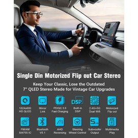 【SOOEMAKA】Newest Single Din Touchscreen Radio with Wireless CarPlay, 7 inch QLED Android Auto screen for car,Motorized Flip out Car Stereo Upgrade Fast Charging(QC/PD 3.0)/AM/FM/DSP/AHD/voice control