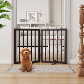 Semiocthome Bamboo Dog Gates Indoor 2-Panel Freestanding Puppy Gates for The House with 2 Metal Stands 24" H Folding Wood Pet Gate for Stairs Doorway, Fully Assembled Safety Fence Espresso