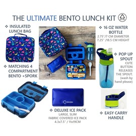 Bento Lunch Box with Bag, Water Bottle & Ice Pack Set for Kids Toddlers, 4 Portion Sections, Removable Tray, Pre-School Boy Toddler Daycare Lunches, Insulated Snack Container, Blue Space Dinosaur