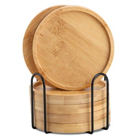 WLWNWFT Bamboo Coaster Set of 6 with Lid Holder for Coffee Table, Wooden Coasters for Drinks Saucers for Planters Tabletop Protection Housewarming Gift