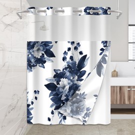 No Hook Shower Curtain with Snap in Liner - Blue Floral Modern Cloth Shower Curtain with Fabric Waterproof Inner Liner,Washable Perfect for Bathroom,71 x 74 Inches, Blue