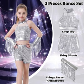 LOLANTA Girls’ Sequin Dance Outfit – Sleeveless Crop Sequin Top Metallic Shorts Tassel Arm Sleeves Silver, 11-12 Years