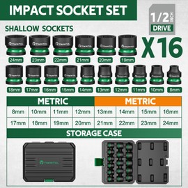 TIWINTUL 1/2" Drive Shallow Impact Socket Set, 8-24mm,Metric,CR-MO, 6-Point, 16 Pieces Stubby Socket Set for Automotive Maintenance, Repairs, and DIY Projects