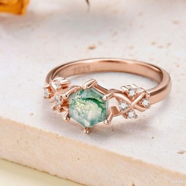 925 Sterling Silver Hexagon Natural Moss Agate Ring with CZ for Women infinity Promise Engagement Rings Jewelry for Wife Her Size 10 Rose Gold Plated