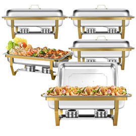 PRIJESSE 5 Pack Chafing Dishes for Buffet, 8QT Golden Chafing dish Buffet Sets with Full Size Food Pan & Foldable Frame, Food Grade Stainless Steel Chafer for Parties Buffets Banquets Dinners
