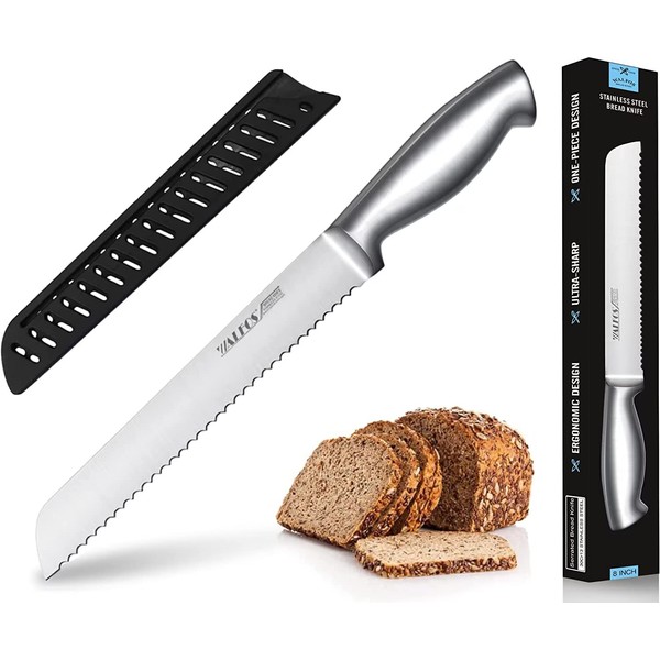 Walfos Bread Knife, Stainless Steel Serrated Bread Slice Knife, Ultra-Sharp, One-Piece Design Ergonomic Handle and 8-Inch / 20cm Blade, Ideal for Slicing Bread, Bagels, Cake