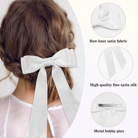 2PCS Silky Satin Hair Bows Hair Clip White Black Hair Ribbon Ponytail Holder Accessories BowKnot Barrettes Ribbon Tassel Bow Clip Slides Metal Clips Hair Bow for Women Girls Toddlers Teens Kids Gift