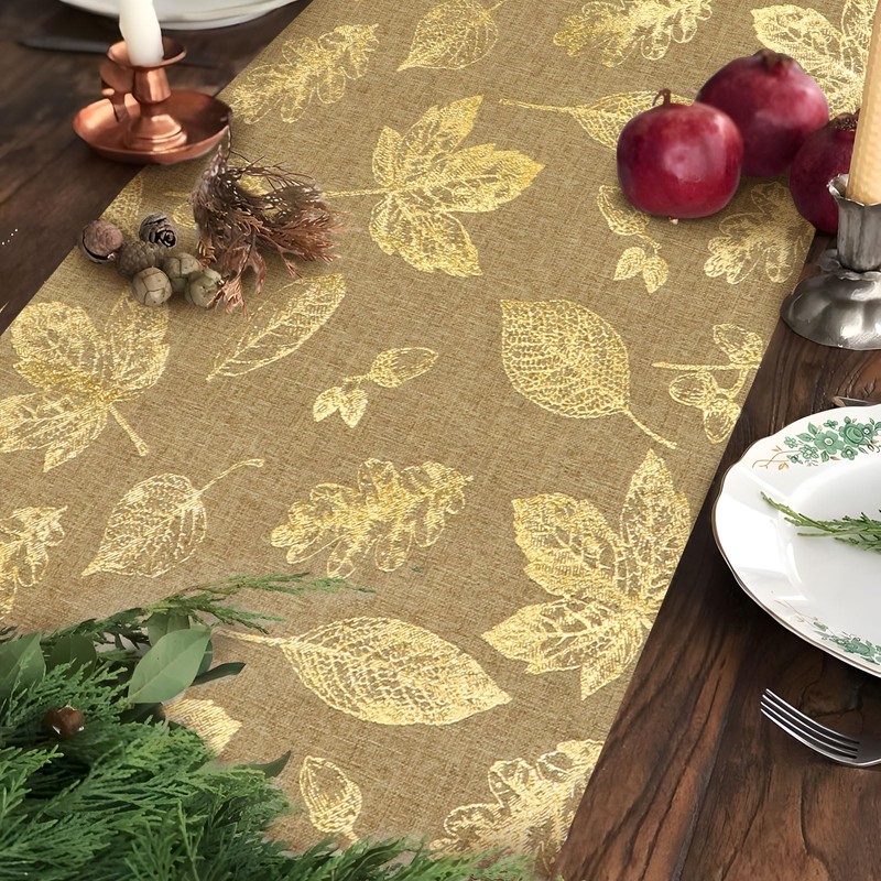 Glitter Gold Maple Leaves Autumn Table Runner Polyester Kitchen Dining