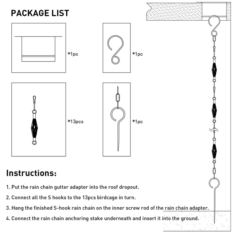 Rain Chain Bird Cage Set 8.5Ft, Not Rust Wrought Iron