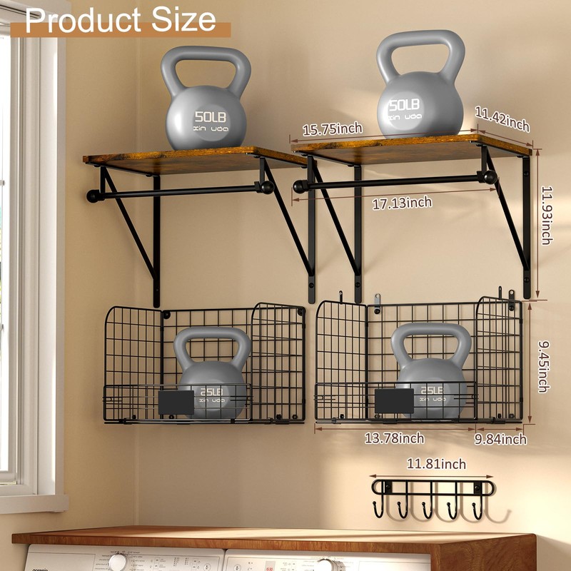 Laundry Room Shelves Wall Mounted with Wire Baskets, Over the