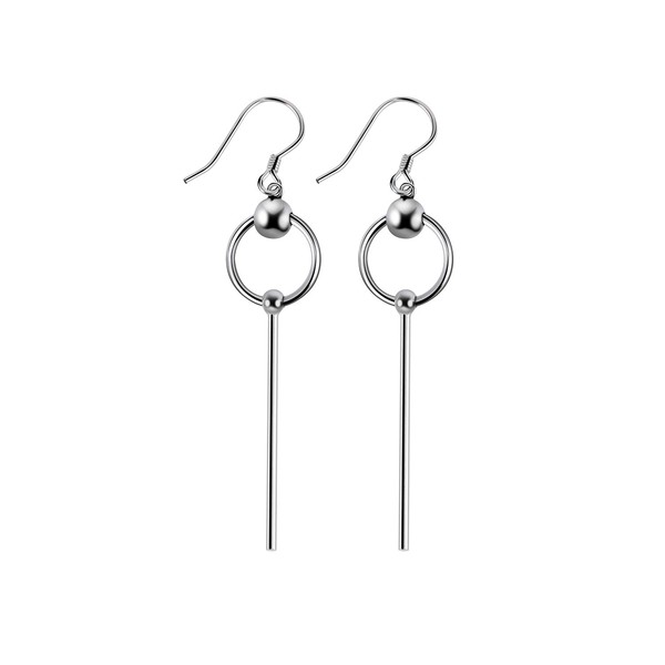 925 Sterling Silver Bead with Long Line Bar Dangle Earrings