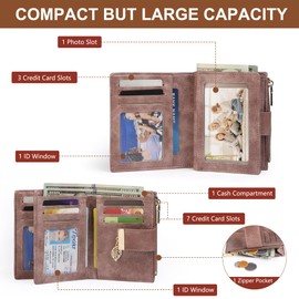 yiijay Small Wallet Women RFID Blocking Leather Bifold Wallet Credit Card Holder for Women Ladies Compact Wallet Mini Purse With Zipper Pocket