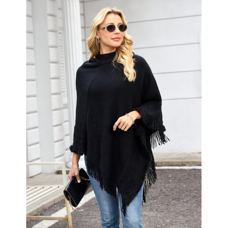 Ferand Ladies' Hooded Cape with Fringed Hem, Crochet Poncho Knitting